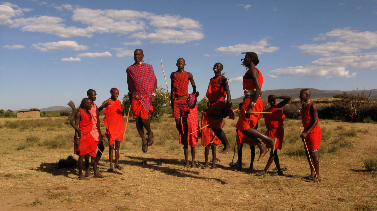 “Maasai men performing the traditional jumping dance Adumu in Kenya.”