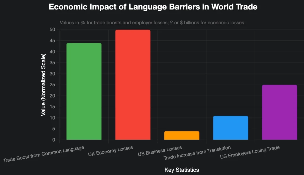 "Infographic on the economic impact of language barriers in world trade, showing key statistics like a 44% trade boost, £50B in UK losses, and 25% of US employers losing trade due to language deficiencies."