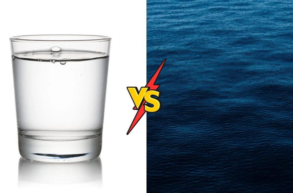 Close-up contrasting clear water in a glass on the left with deep blue ocean water on the right