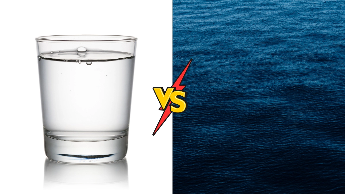 Close-up contrasting clear water in a glass on the left with deep blue ocean water on the right
