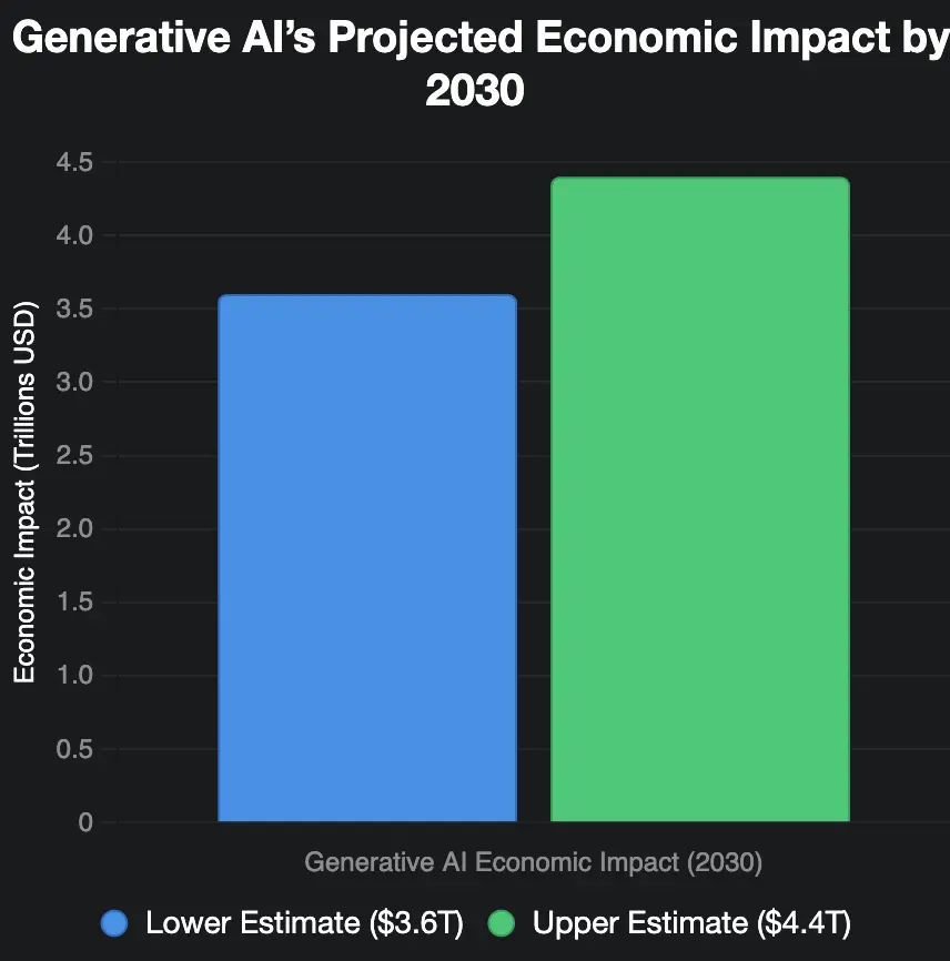 Bar chart showing Generative AI's projected economic impact by 2030, with a lower estimate of $3.6T and an upper estimate of $4.4T.