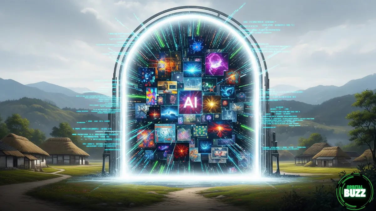 A futuristic, glowing portal stands in a muted, traditional landscape. Inside the portal is a collage of digital art, code, and text, symbolizing the creative power of generative AI.