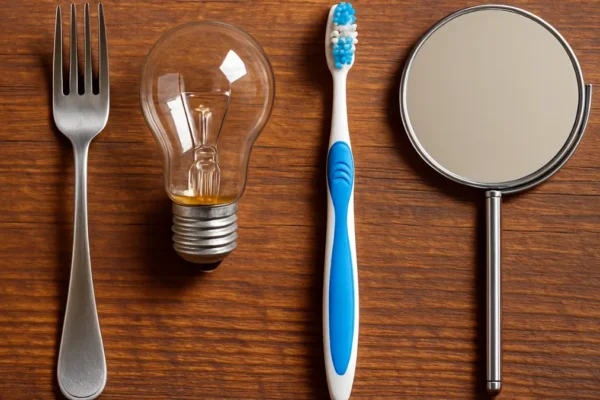 Secret history of everyday objects featuring fork, light bulb, toothbrush, and mirror