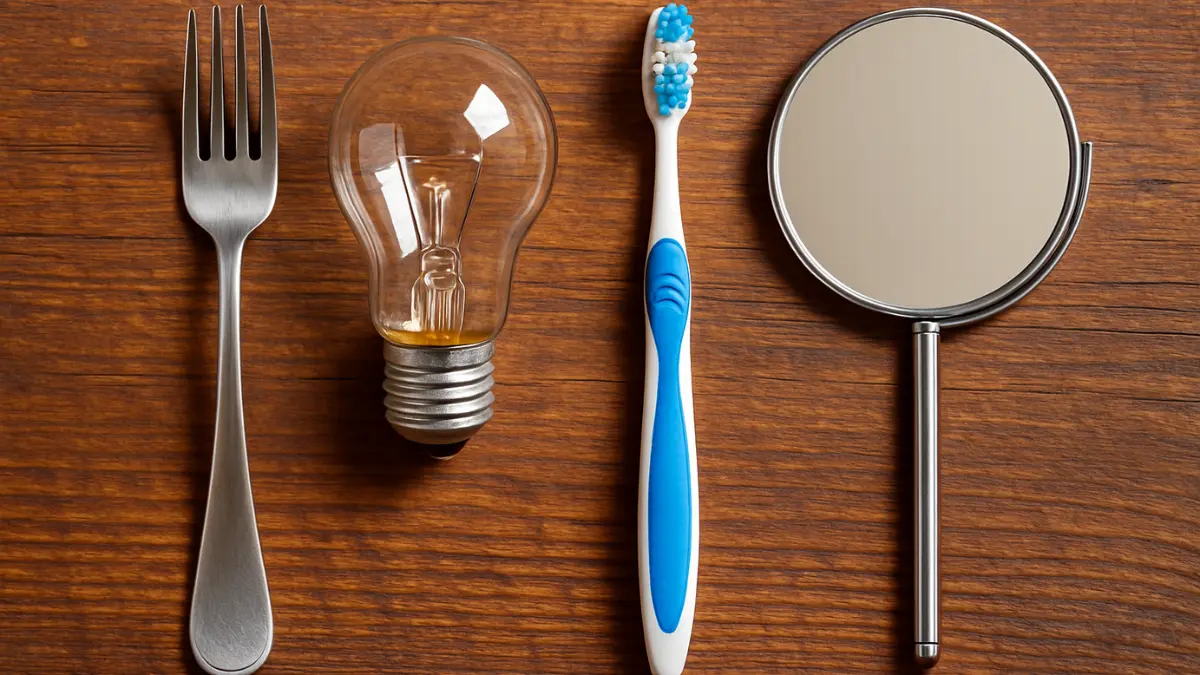 Secret history of everyday objects featuring fork, light bulb, toothbrush, and mirror