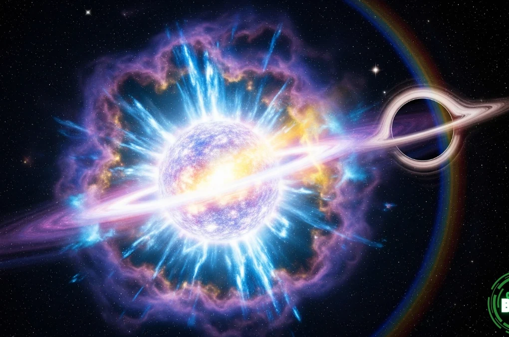 Illustration of a massive star exploding into a supernova near a black hole, representing SN 2023zkd.