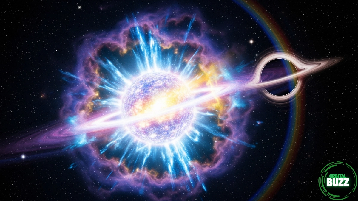 Illustration of a massive star exploding into a supernova near a black hole, representing SN 2023zkd.