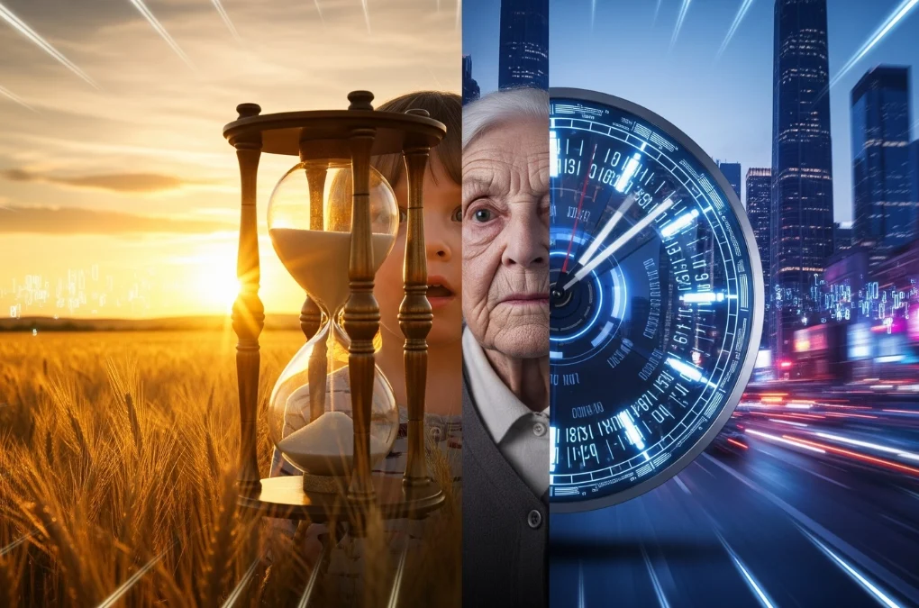 "Time speeding up with age illustration showing perception of time aging contrast between child and elder" to enhance accessibility and searchability.