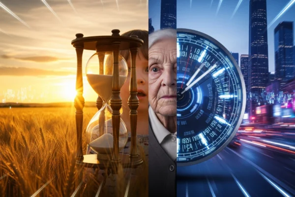 Why Time Feels Like It’s Speeding Up as You Age – The Surprising Science "Time speeding up with age illustration showing perception of time aging contrast between child and elder" to enhance accessibility and searchability.