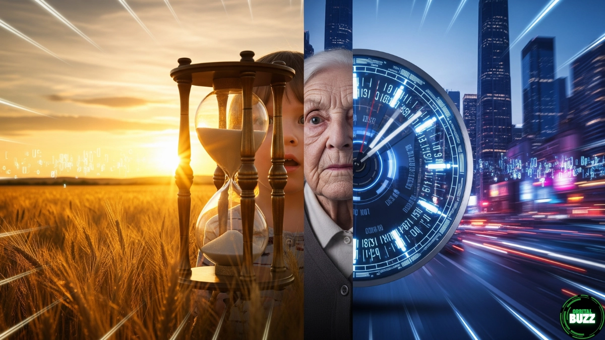 "Time speeding up with age illustration showing perception of time aging contrast between child and elder" to enhance accessibility and searchability.