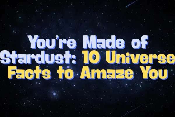 Text overlay ‘You’re Made of Stardust’ with galaxy background for universe facts.