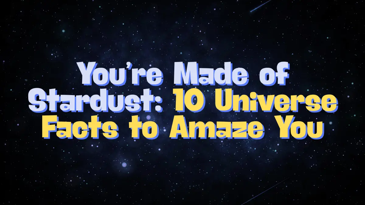 Text overlay ‘You’re Made of Stardust’ with galaxy background for universe facts.